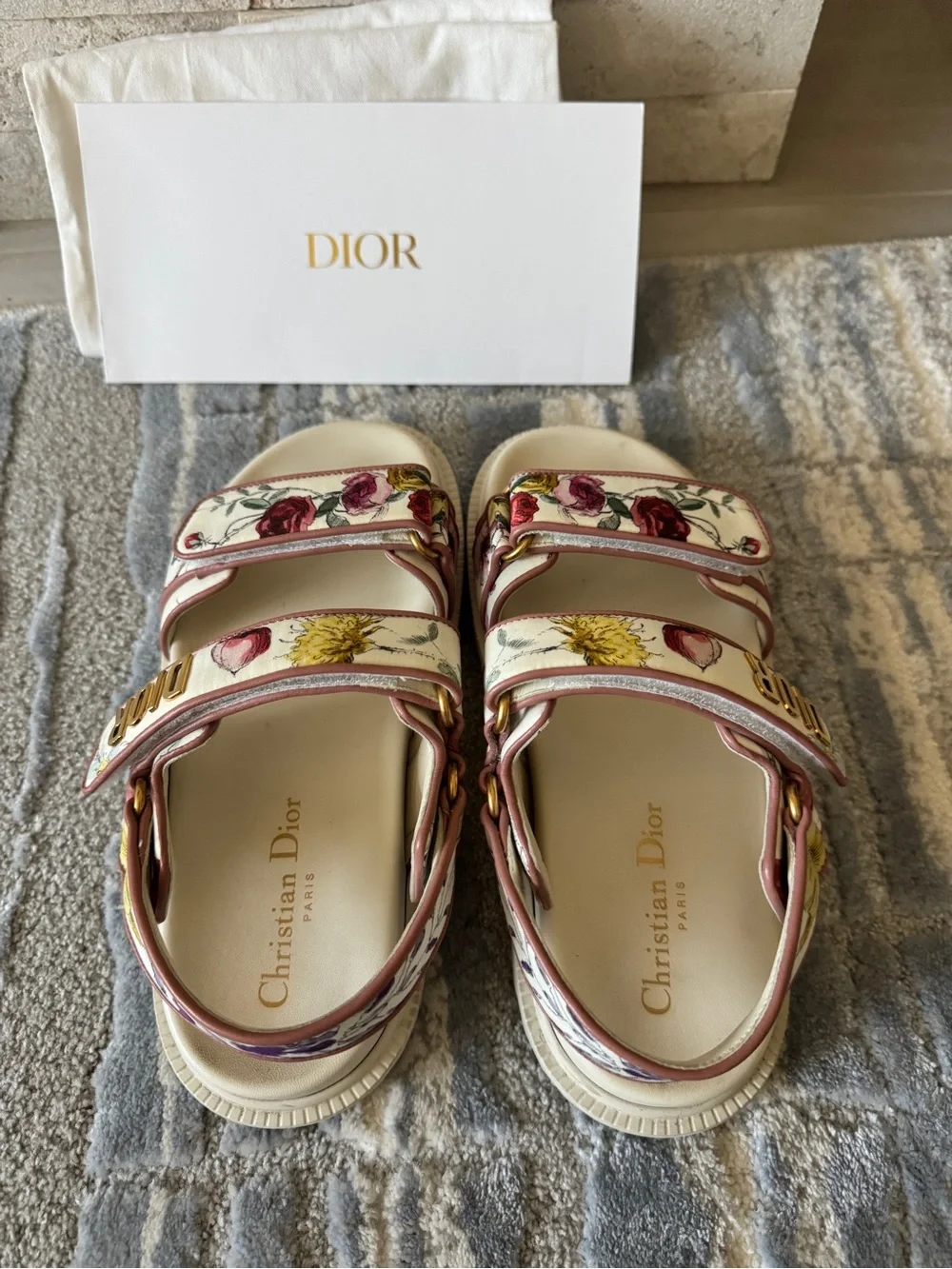 Dior Cream & Pink Floral DiorAct Dad Sandals - Gold Hardware